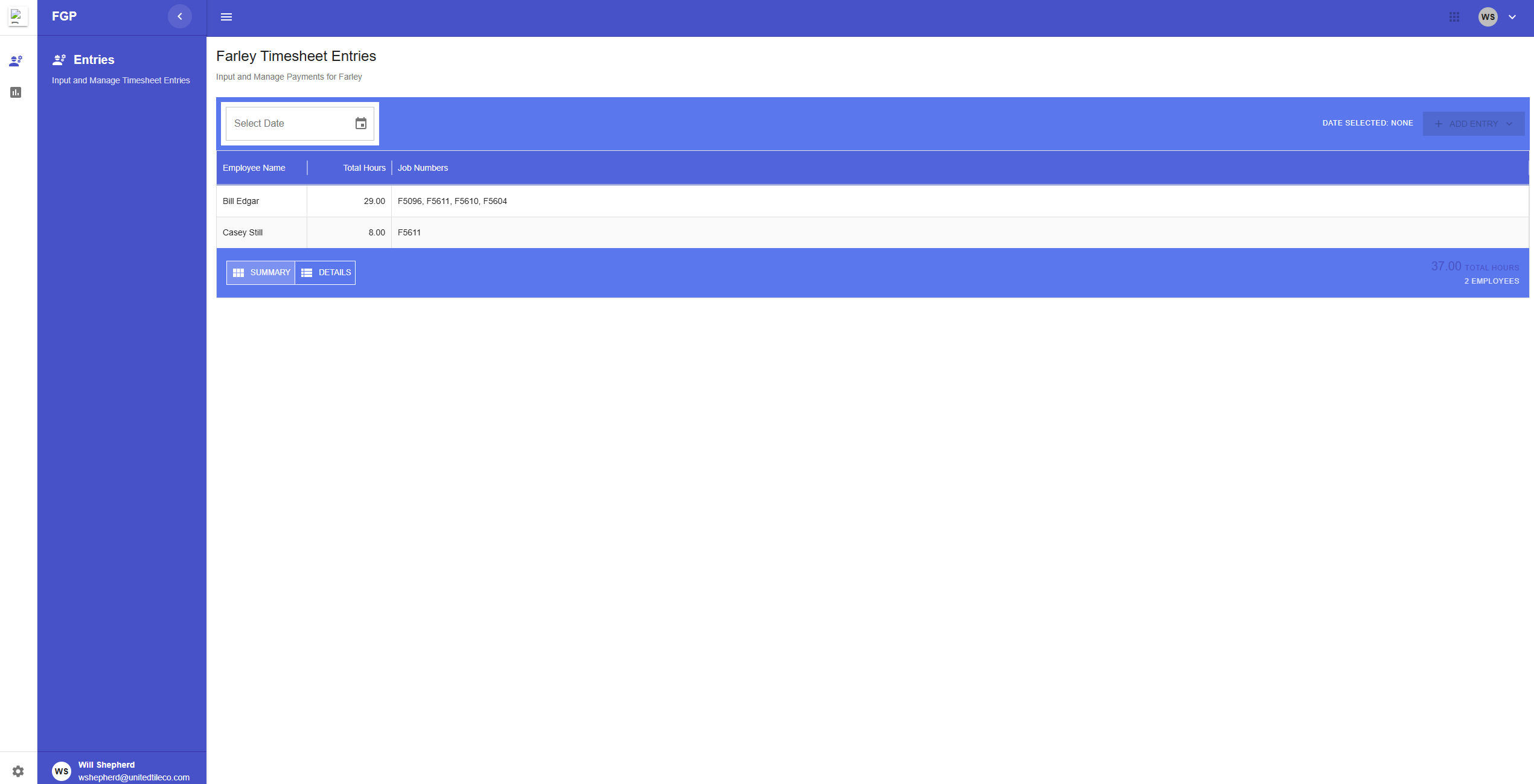 Farley Timesheet Entry Page